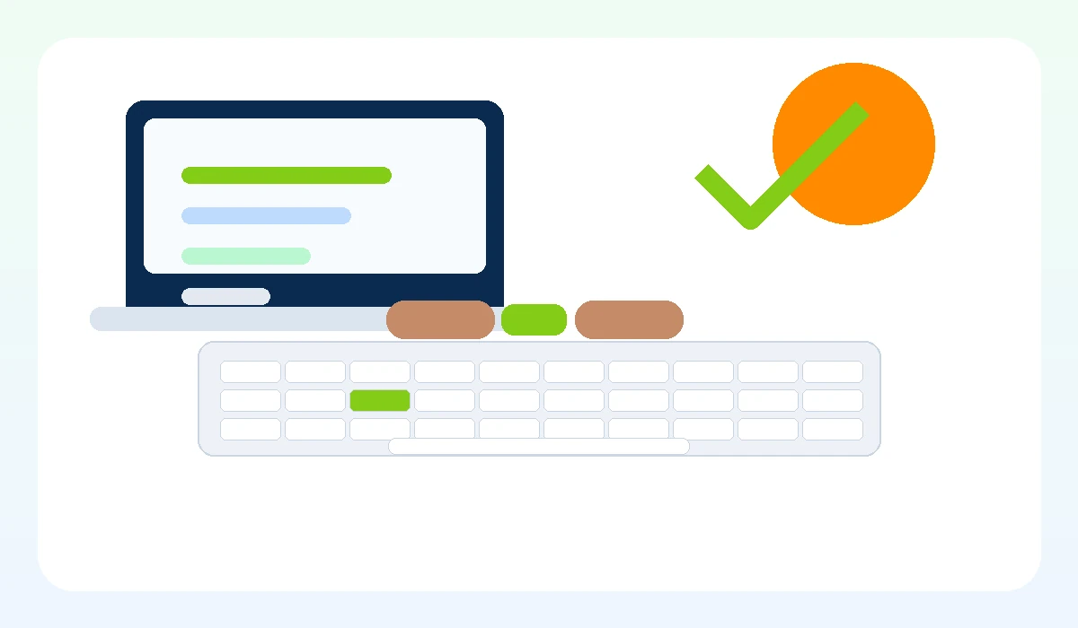 Hands typing carefully with accuracy indicators and focused keyboard practice